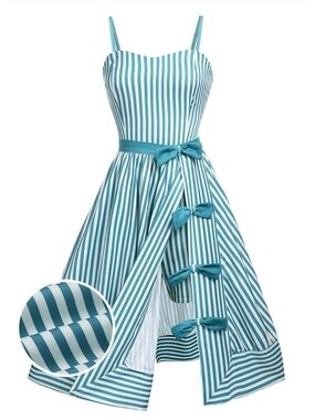 Teal and White Striped Retro Bow Sundress